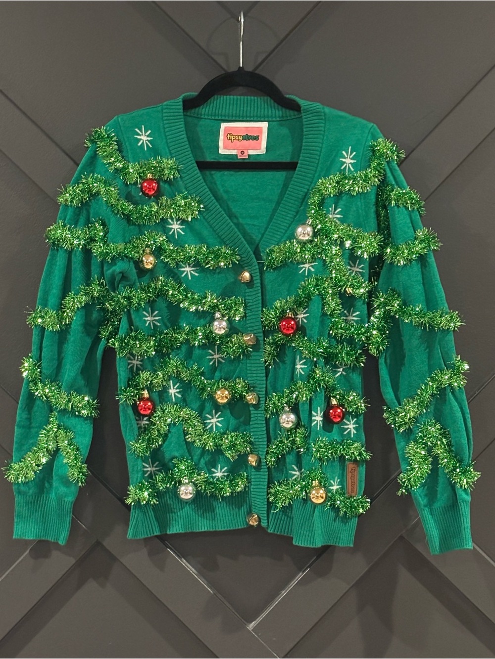 Tipsy Elves Green Tinsel & Ornament Holiday Cardigan
